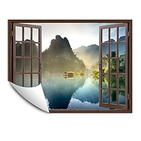 Wall Murals for Bedroom Fake Window Beach Brown Window Removable Wallpaper Peel and Stick Wall Stickers - 24x32 inches