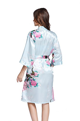 Amzchoice Women's Short Sleeve Kimono Robe Peacock & Blossoms For Spa, Wedding Bridal and Bridesmaid (S, SkyBlue) - Thumbnail 4