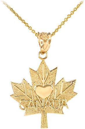 10k Yellow Gold Maple Canada Maple Leaf with Heart Pendant Necklace