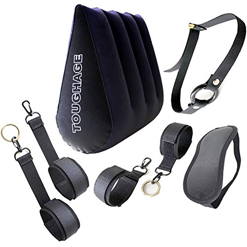 7 Piece Bondage Restraints Set Kit for Bed and Under Bed Sex Play SM Bondage Toy Gear Leg Ankle Wrist Gags Cuffs Triangle Pillow Rope Strap On Harness for Women Couples Lesbian Female