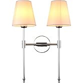 PERMO Classic Double Sconce Chrome 2 Lights Wall Sconce Rustic Wall Mount Lighting Fixture with Flared White Textile Lamp Sha