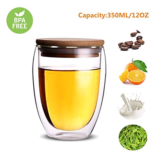 Glass coffee mugs, Double Wall Glass Coffee Tea Latte Cups with Bamboo Lid Perfect for Cappuccino, Latte, Macchiato, Tea, Juice, Milk, Iced Beverages (350ML/12OZ)