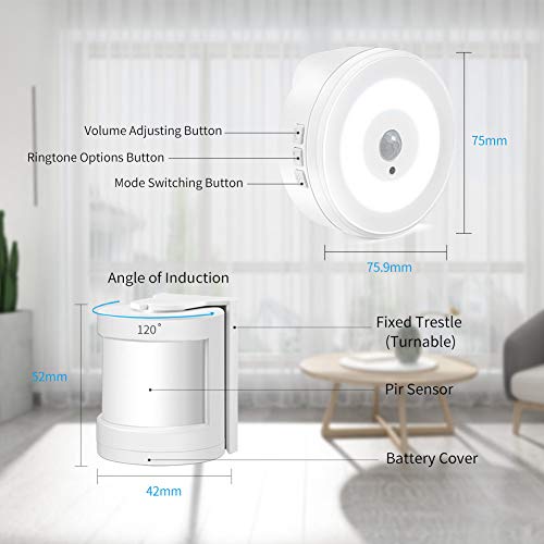 PIR Motion Sensor Alarm, YIROKA Wireless Home Security Driveway Alarm, Motion Detector Alert Kit, Working Range 150M/500FT, Indoor Receiver with Night Light 58 Chimes 4 Volume Levels