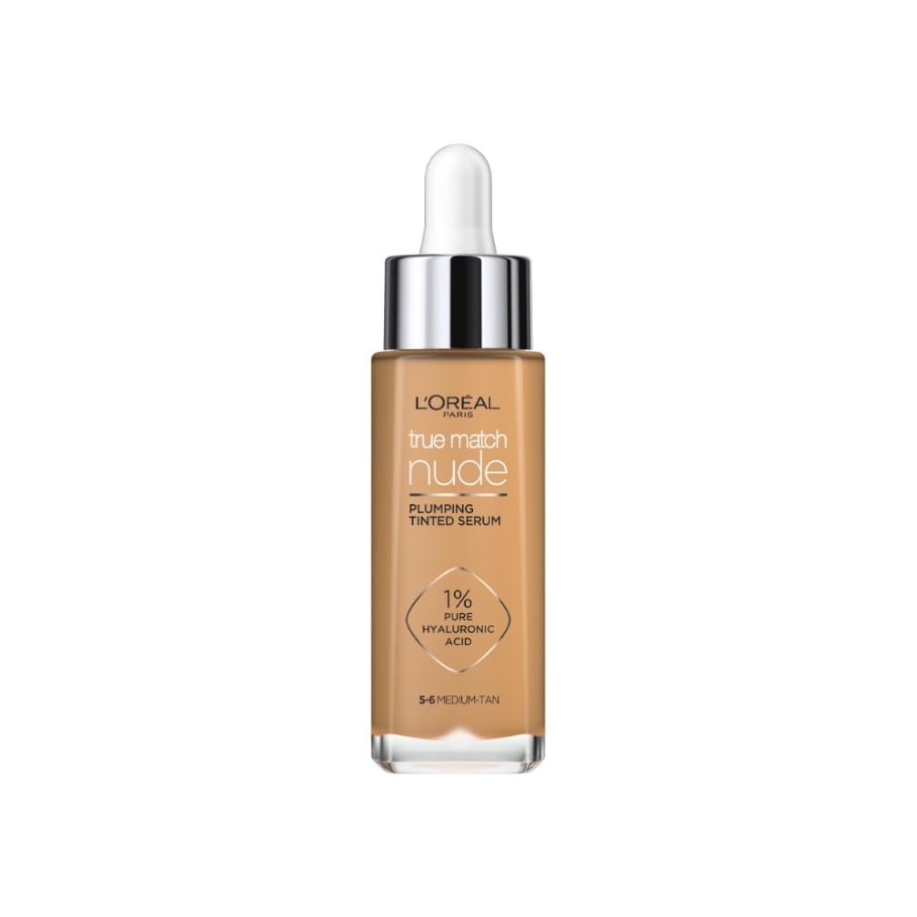 L'Oreal Paris True Match Tinted Serum Foundation, 1% Hyaluronic Acid, Hydrating Formula, Replumps Skin in 1 Hour for a Natural Glowing Finish, 30 ml, Shade 5-6 Medium Tan
