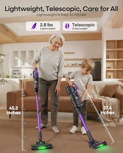AlloyMove Cordless Vacuum Cleaner 45KPA, Up to 60mins Runtime Lightweight Powerful Suction Vacuum Cleaners for Home, 3 Suction Modes, Rechargeable Stick Vacuum for All Floor/Carpet/Pet Hair/Car, A03