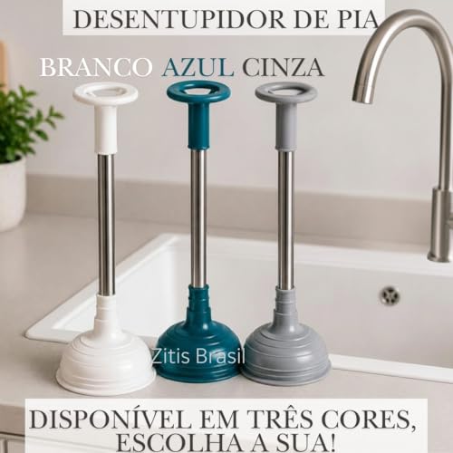Desentupidor Pia Ralo Banheiro Cozinha Alta Pressao Ventosa Forte Cabo Metal Resistente Limpeza Encanamento Desobstrucao Manual Compacto Facil Uso Pia Tanque Vaso Sanitario Universal Multiuso (Cinza)