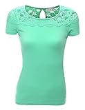 Doublju Womens Short Sleeve Round Neck Lace Paneled T-Shirt