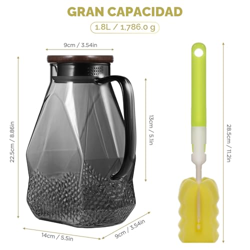 ecooe Glass Water Pitcher 1.8 Liter Glass Jug Fridge Door Glass Water Jug with Wooden Lid, Black Glass Jug for Cold/Hot Water, Juice, Milk, Coffee, Tea