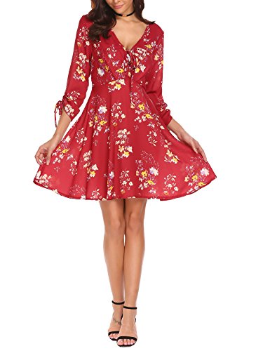Sexyfree Women Flowy Boho Long Sleeve V Neck Floral Print A-Line Chiffon Dress Knee Length