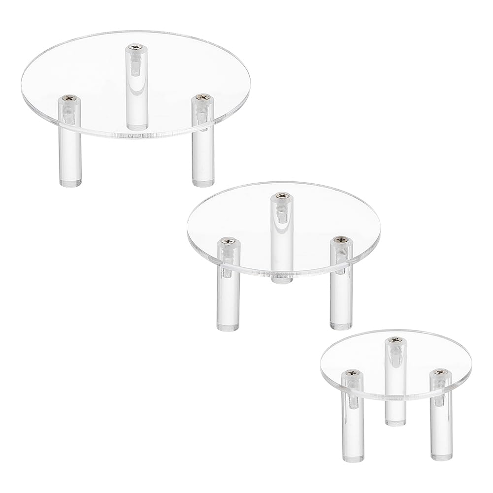 FINGERINSPIRE 3 Set Acrylic Round Display Riser 12/10/8cm 3-Legs Clear Minifigure Display Stands Acrylic Display Platform for Jewelry, Figure Models, Toys, Dessert Cosmetics or Collections