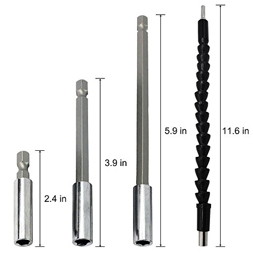 Magnetic Socket Bit Holder Extension, YuCool 3 Piece 1/4 inch Heavy-duty Hex Shank For Quick Change, 11.6 inch Flexible Drill Bit Extension with Screw Drill Bit Holder - Pack of 4