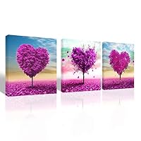 Mon Art Pink and Red Sweet Heart Shape Cherry Blossom Tree Canvas Print Wall Art Abstract Forest Flower Photo Artwork for Daughters Living Room Girls Bedroom Decoration Home Decor Framed,16x16x3P Set