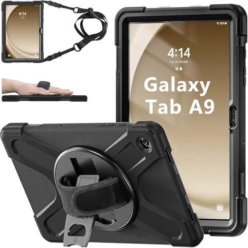 zenrich - Funda Protectora para Samsung Galaxy Tab A9 de 8.7 Pulgadas (SM-X110/SM-X115), Resistente a Golpes de Cuerpo Completo con Soporte Giratorio, Correa de Mano/Hombro para Tab A9, Color Negro