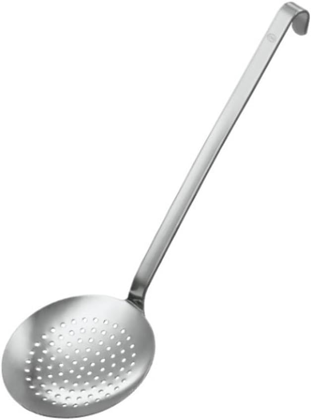 Rösle Haken Schaumlöffel flach grob gelocht, Hochwertiger Abseihlöffel mit Hakengriff, 12 cm, Edelstahl 18/10, Spülmaschinengeeignet