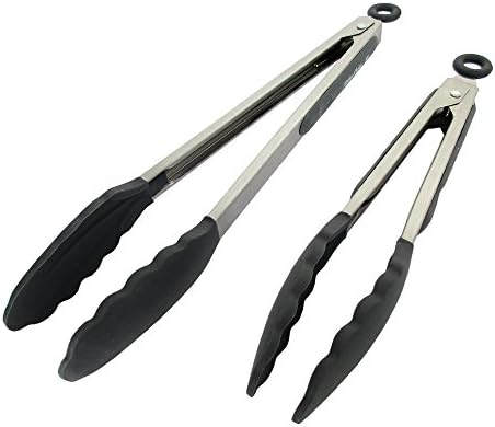 ULTIMATE GRAY SILICONE TONGS. 2 Pair 12 &amp; 9 Inch (Cool Gray)- Great for cooking, serving and BBQ -ing.