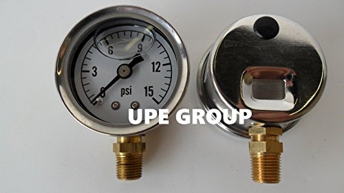 NEW STAINLESS STEEL LIQUID FILLED PRESSURE GAUGE WOG WATER OIL GAS 0 to 15 PSI LOWER MOUNT 0-15 1/8" NPT 1.5" FACE DIAL FOR COMPRESSOR HYDRAULIC AIR TANK PRESSURE WASHER