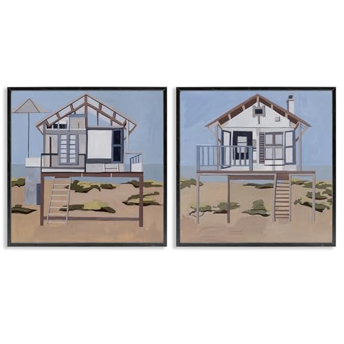Stupell Industries Silent Shore Beach Houses 2 Piece Black Framed Giclee Art Se…