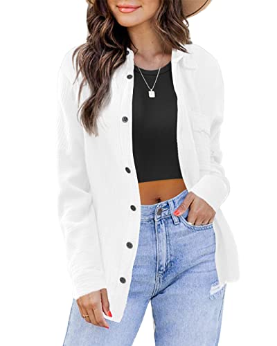 IGENJUN WHITE BUTTON DOWN FLANNEL SHIRT WOMEN TOPS FOR WOMEN CASUAL TOPS LONG SLEEVE LINEN SHIRTS TEACHER TOPS BOHO SHIRTS BLOUSE TOPS SUMMER FALL FASHION TRENDY OUTFITS 2024,S,WHITE