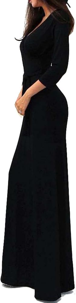 Vivicastle Women's USA Solid V-Neck 3/4 Sleeve Faux Wrap Waist Long Maxi Dress at  Women’s Clothing store