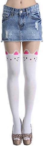 Siftantin Womens Cute Pattern Faux Thigh High Pantyhose (One Size, whiteCat2)