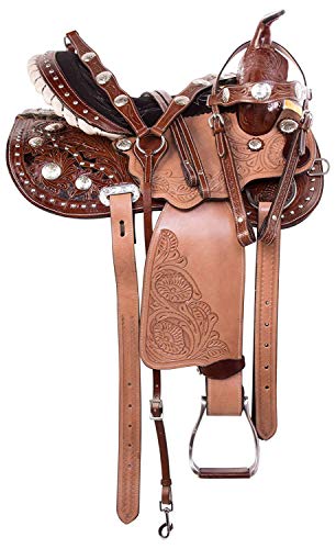 Manaal Enterprises Premium Leather Western Barrel Racing Adult Horse Saddle Tack, Size 16″ Inches Seat Available, Free Matching Leather Headstall, Breast Collar, Reins