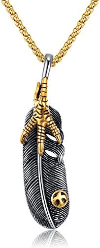 Devildom Men 316L Steel Eagle Claw Feather Pendant Necklace Box Chain Charm Gift For Men (Gold)