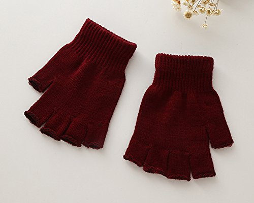 X&F Boys' and Girls' Solid Knitted Half Finger Mittens Typing Gloves, Small, Wine Red