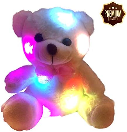 Teddy Bear Stuffed Animal with LED, Glow in the Dark, Perfect Night Light for Toddlers, Light Bright Toy for Kids & Adults | Soft, Huggable, Best 1st Birthday Gift, Valentines for Daughters, White, 8”