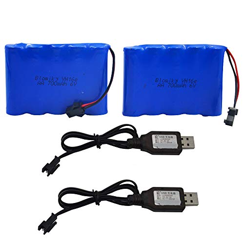 Blomiky 2 Pack 6.0V 700mAh NiCD AA Rechargeable Battery Pack and 6V USB Charger Cable Fit for 11 Channel RC Excavator RC Truck Amphibious Stunt RC Cars Vehicles 6V 700mAH and USB 2