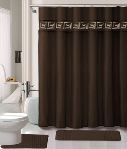 15 Piece Memory Foam Bath Rug Set Bathroom Rugs with Fabric Shower Curtain and Decorative Rings (Coffee)