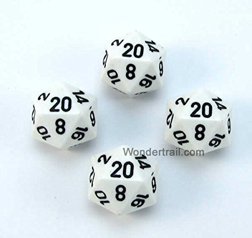 WCXPQ2001E4 White Opaque Dice with Black Numbers D20 Aprox 16mm (5/8in) Pack of 4 Dice Chessex