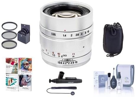 Mitakon Zhongyi Speedmaster 35mm f/0.95 Mark II Lens for Sony E Mirrorless Cameras Silver - Bundle With 55mm Fliter Kit, Lens Pouch, Cleaning Kit, Capleash, Lens Pen Lens Cleaner, PC Software Package