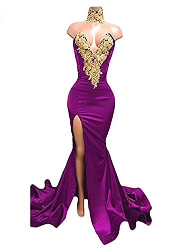 JINGDRESS Sexy Mermaid Evening Dresses Gold Appliques V-Neck Prom Gown Train