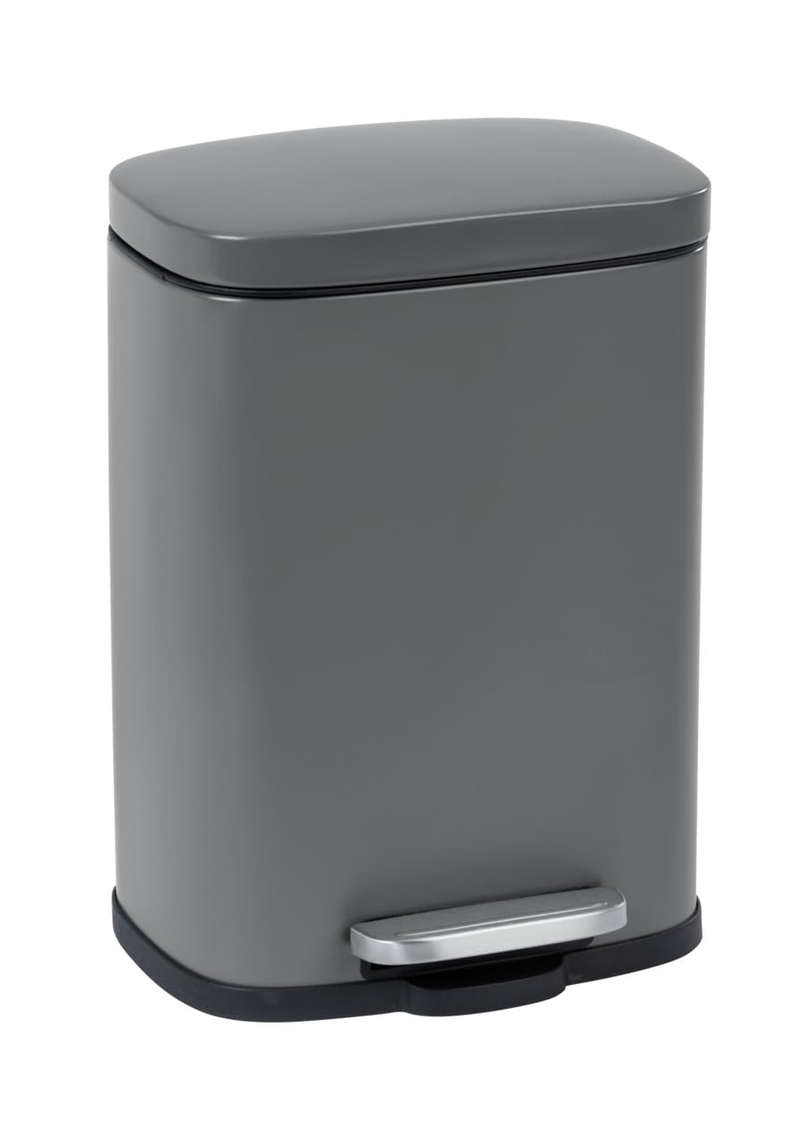 WENKO Leno Easy-Close Pedal Bin with Soft-Close Mechanism, Steel, 21.5 x 19 x 29.5 cm, Grey