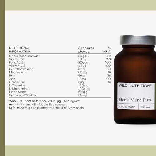 WILD NUTRITION Lion's Mane Plus with Safr’Inside Saffron | Food-Grown Ingredients | Focus and Mental Performance, Cognitive Function, Emotional Wellbeing and Inner Balance