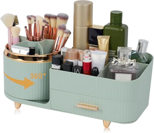 Zufudo Makeup Organizer Countertop with Drawer 360 Rotating Brush Holder Storage Large Capacity Skincare Cosmetic Display Cases for Vanity Bathroom Desktop, Model 3016 Green
