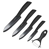 Jeslon Kitchen Knives Set, 5 Piece Ceramic Knives Black Blade 3inch Paring Knife, 4inch Fruit Knife, 5inch Utility Knife, 6inch Chef Knife and One Peeler