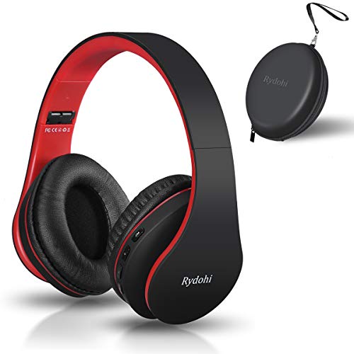 Bluetooth Headphones Over Ear, Rydohi Foldable Wireless and Wired Stereo Headset with Built-in Mic, Micro SD/TF, FM Radio, Soft Earmuffs & Light Weight for Cell Phone PC TV Travel (Black-Red)