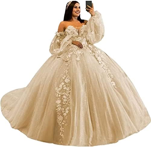 long sleeve champagne quince dress Champagne Glittering Sweetheart Quinceanera Dress Off Shoulder Long Sleeved Beading Floral Applique Vestidos de 15 Anos Ball Gown