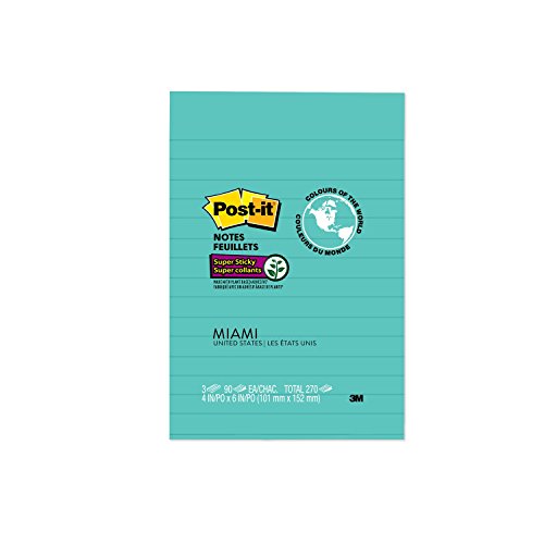 Post-it notes super sticky pads in miami colors, 4 x 6, 90/pad, 3…