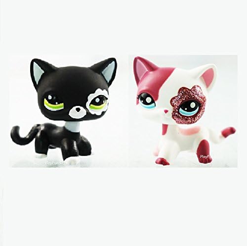 2pcs Pink White Sparkle Short Hair Cat Kitty and Black Cat Green Eyes LPS #2249 #2291