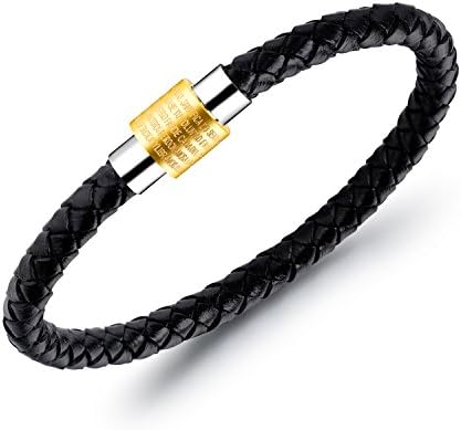 Spanish Lord's Prayer Cross Braided Leather Bangle Bracelets for Men Fashion Magnetic Clasp (Golden)