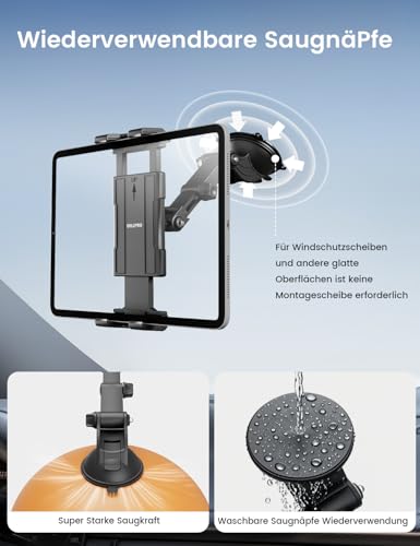 OHLPRO Tablet Holder Car, 360° Rotation Tablet Mounts, 18 cm, Extendable Arm + Washable Suction Cup, iPad Car Mount Clamp, Universal Windscreen and Dashboard for 4.7-13 Inch iPad Smartphone