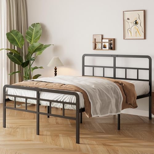 Yicensen Base Cama Matrimonial con Cabecero y Piecero, Base Matrimonial de Metal de 46 cm de Altura con Listones Resistente, Espacio de Almacenamiento Debajo de la Cama, sin Ruido, Negro