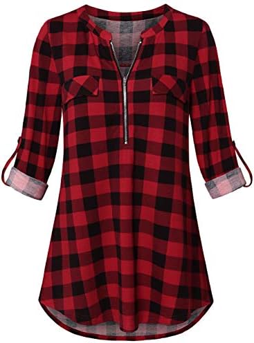 Women's Casual 3/4 Sleeve V-Neck Plaid Shirts Pullover Top