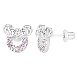 Rhodium Plated Screw Back Pink Crystal Mouse Baby Girls Kids Earrings