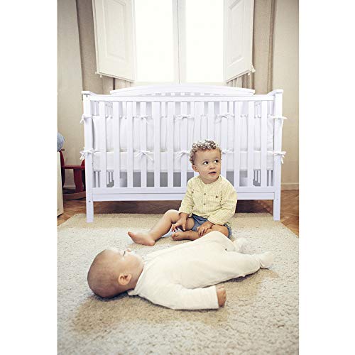 LOAOL Baby Crib Bumper Pads with Pom Pom Breathable Washable Padded Crib Liner Nursery Toddler Decor (White)