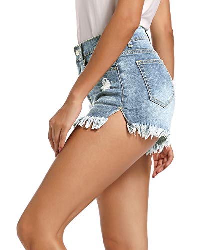 NEWFANGLE Women\' Casual Denim Jean Shorts,Mid-Rise Frayed Raw Hem Ripped Hot Short,Light Blue,XL
