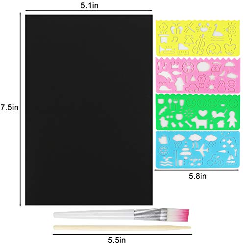 Mosoan Scratch Art Paper Set for Kids, 50pcs Rainbow Magic Scratch Off Paper Black Doodle Pads Boards with 8 Wooden Styluses, 4 Stencils and 1 Brush for Christmas Birthday Gift Easter Party Game