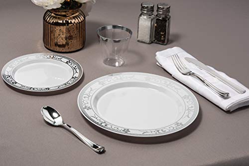 125 Piece Silver Rim Flower Design Dinnerware Set - 25 Guest Tableware Combo Set - Disposable or Reusable - 25 Dinner Plates - 25 Salad Plates or Dessert Plates - 25 Knives - 25 Forks - 25 Spoons